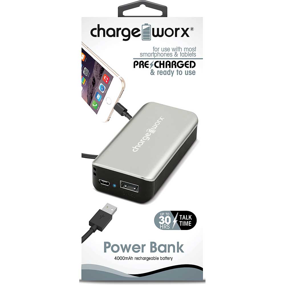Chargeworx 4000mAh Power Bank, Silver