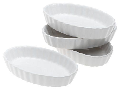 BonJour Chef’s Tools Porcelain Creme Brûlee Fluted Edged Oval Ramekin 4 Piece Set, White (3.25" x 5" x1") 4 oz each