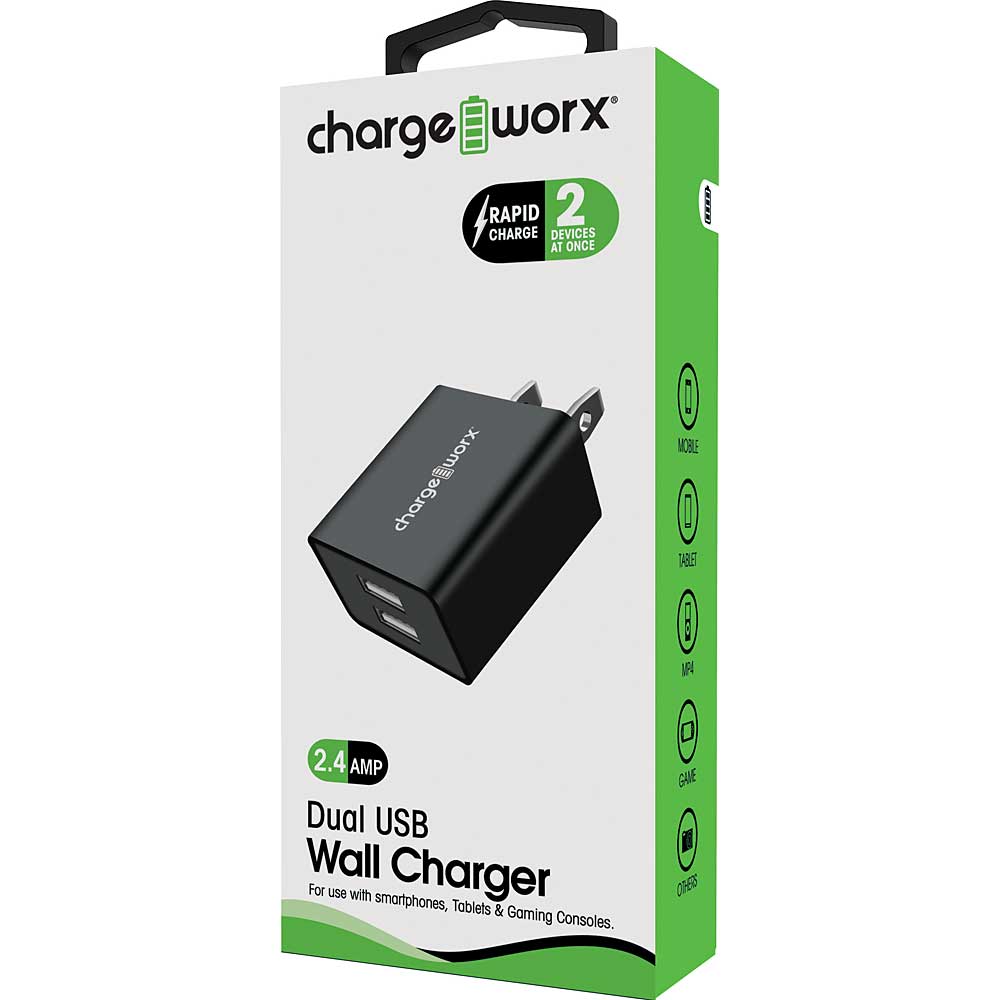 ChargeWorx 2.4A Dual USB Wall Charger Adapter, Black