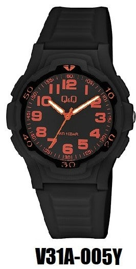 Q&Q Watch Black Face With Orange Numbers, Black Resin Strap