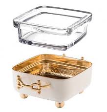 The Decorizer Square Hammered Dip Container Holder with Gold Buckle/Handle, Ivory Enamel