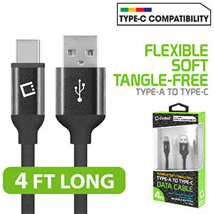 Cellet 4' Type A to Type C Data Cable, Black - Flexible, Soft, Tangle-Free