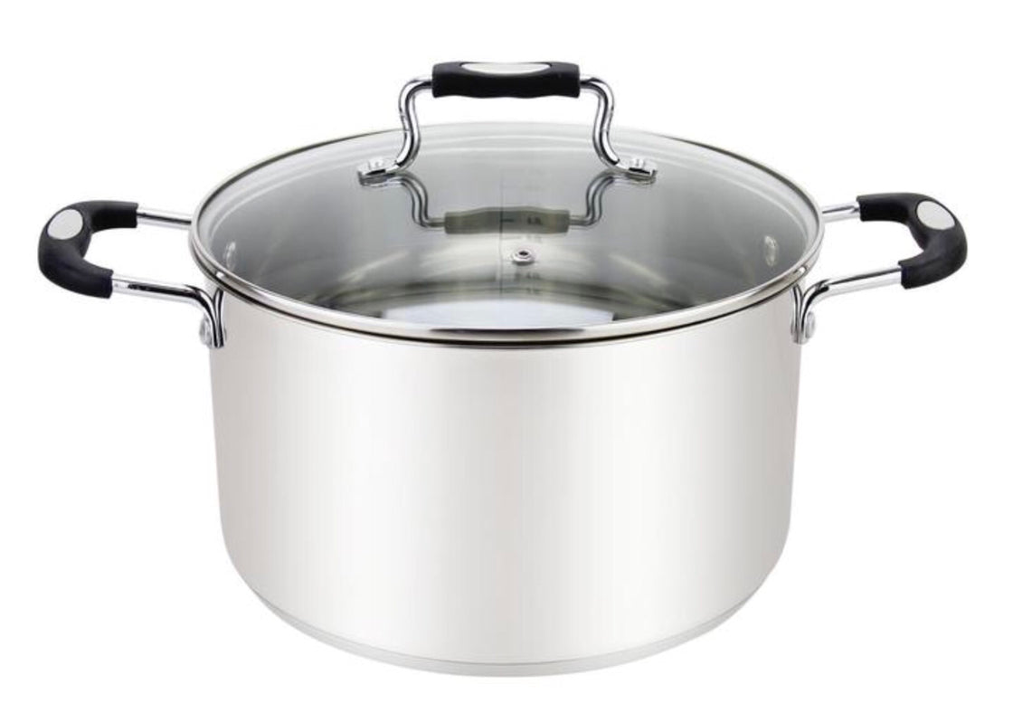Millvado-Urban Stainless Steel Pot with Glass Cover, Black Silicone Handles, Various Sizes