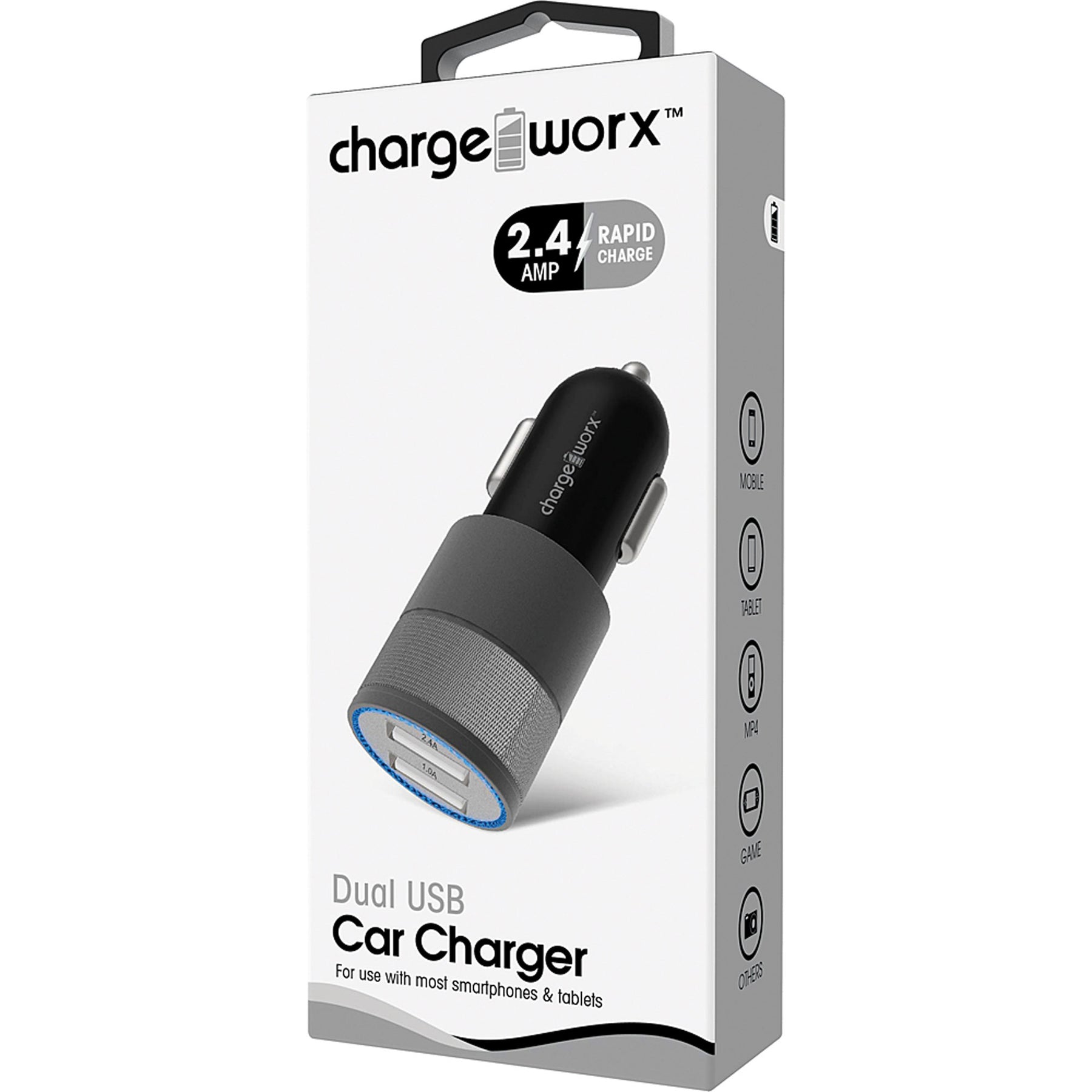 Chargeworx - 2.4 Amp Dual USB Car Adapter Charger, Black/Grey