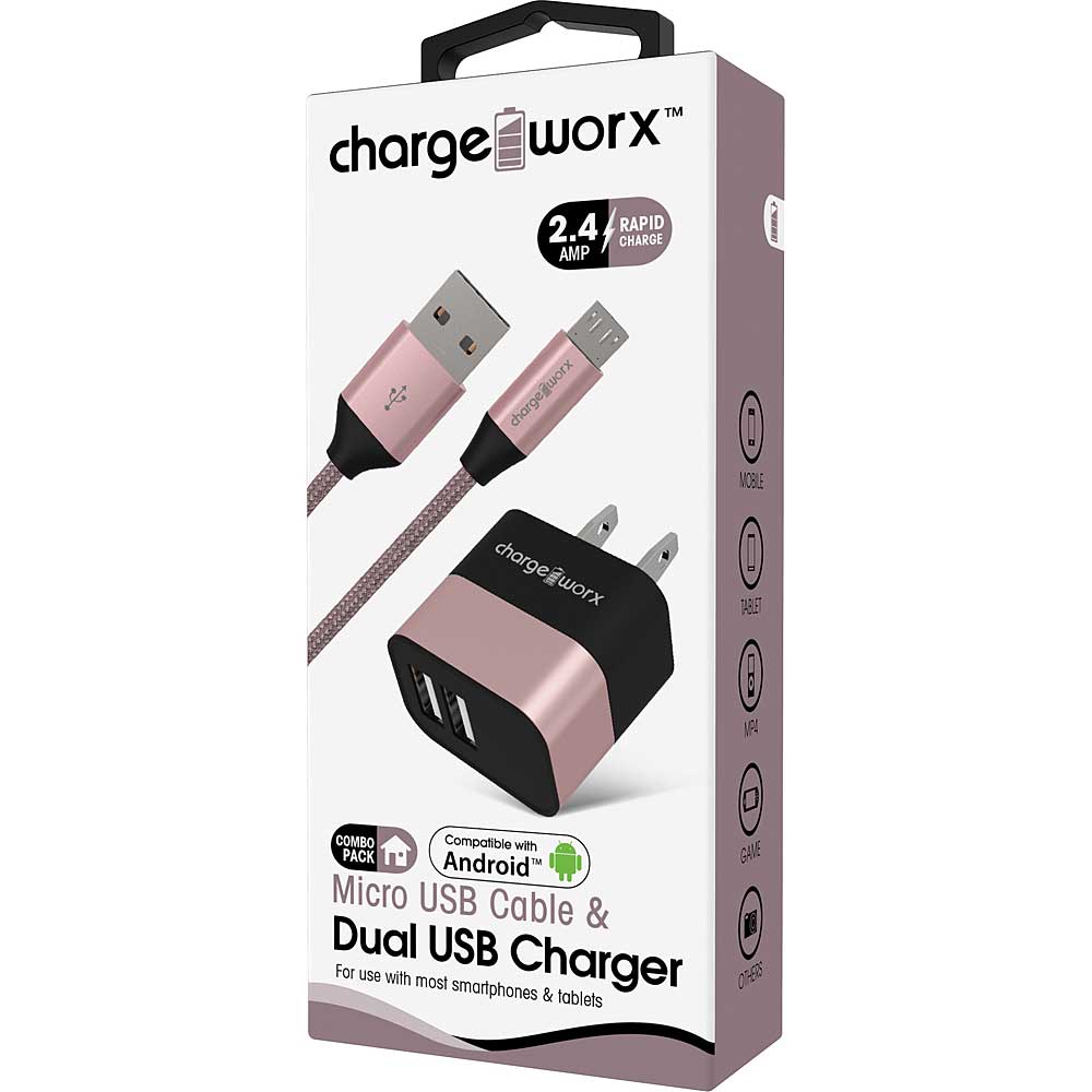 Chargeworx 2.4A Dual USB Metal Wall Charger & Micro USB Cable, Rose Gold