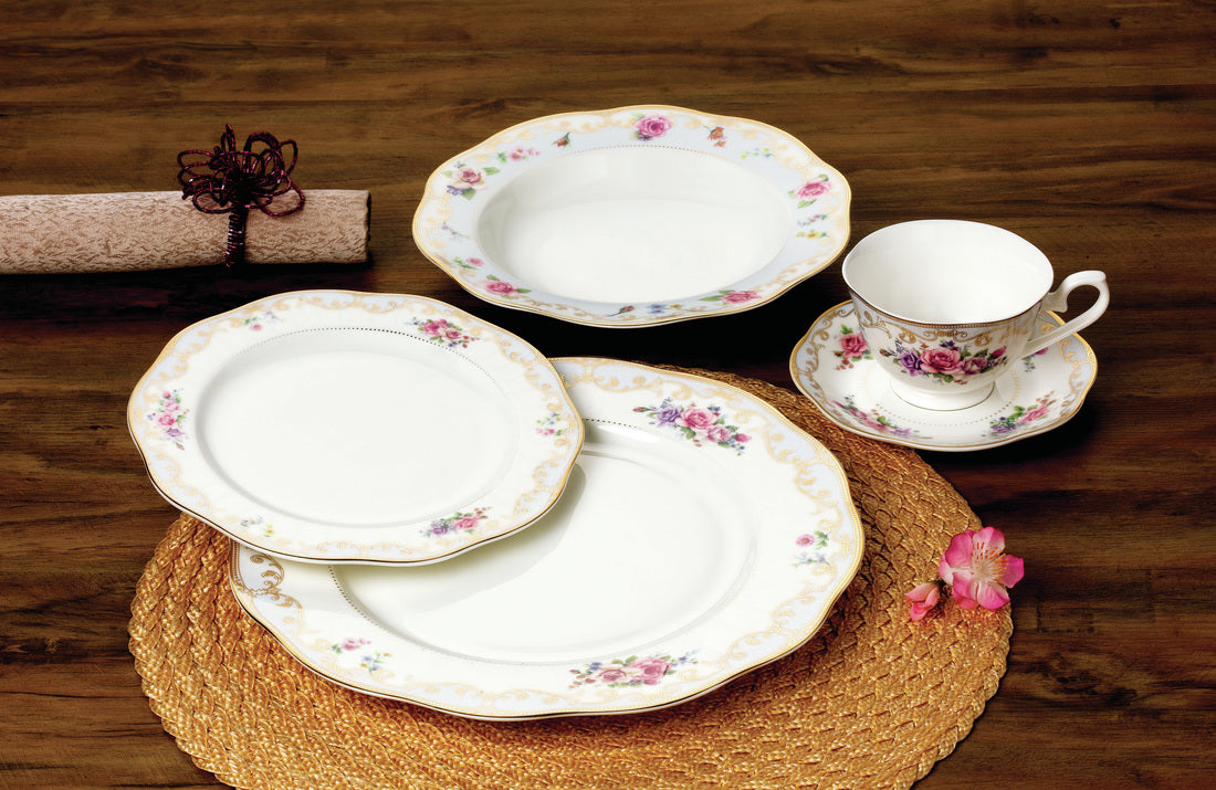 Ruby Rose Floral 20 Piece Fine Bone China Dinnerware Set, Service for 4