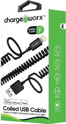 Chargeworx CX4701BK 3' Lightning USB Sync & Charge Coiled Cable, Black