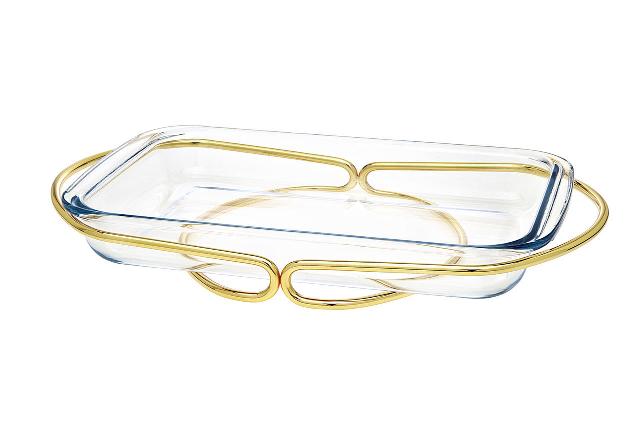 Oven To Table Baker With Sparkling Serving Stand (Rectangle, Gold Infinity)