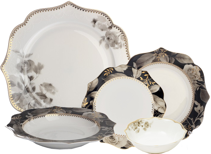 Brilliant Black Rose 30 Piece Bone China Dinnerware Set, Service for 6, Dinner Plate, Salad Plate, Soup Bowl, B&B Plate, Compote Bowl
