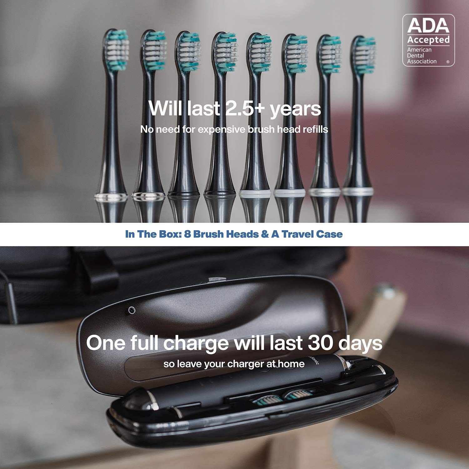 AquaSonic - Black Series Ultra Whitening Toothbrush, 8 DuPont Brush Heads & Travel Case Included