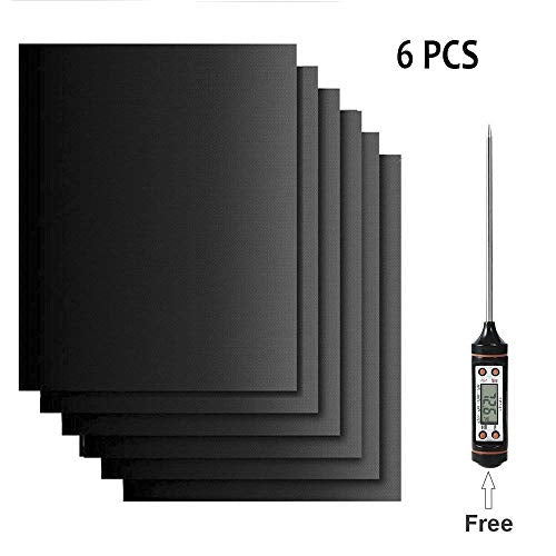 TS-ant Grill Mat Set of 6 Free Meat Thermometer, Non-Stick BBQ Grill & Baking Mats, FDA Approved, PFOA Free, Reusable Easy to Clean BBQ Accessories Gas, Charcoal, Electric Grills - Black