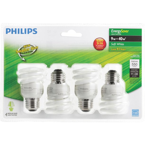 Philips - 4 Pack LED Compact Fluorescent Light Bulb, 9-Watt (40-Watt Equivalent) Soft White