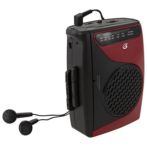 GPX Portable Cassette Player Recorder Walkman, 3.54 x 1.57 x 4.72 Inches, Requires 2 AA Batteries - Not Included, Red/Black (CAS337B)