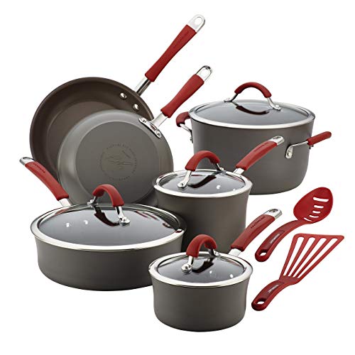 Rachael Ray Cucina Hard Anodized Nonstick Cookware Pots and Pans Set, Set includes: 1qt and 2qt Saucepans & Lid, 6qt Stockpot & Lid, 8.5in and 10in Frying Pans, 3qt Sauté Pan $ Lid, 12 Piece, Gray with Red Handles, POTSET