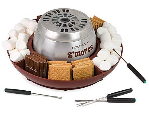 Nostalgia LSM400 Indoor Electric Stainless Steel S'mores Maker with 4 Lazy Susan Compartment Trays, 4 Roasting Forks Smores