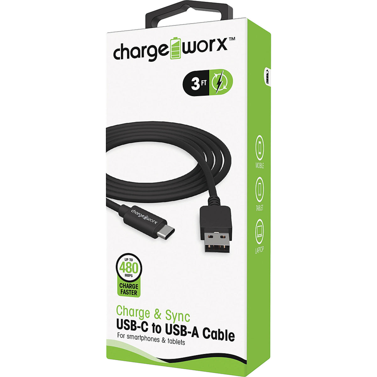 Chargeworx 3ft USB-C to USB-A Sync & Charge Cable, Black