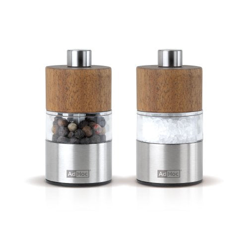 Adhoc Mini 2.5" Salt and Pepper Mill/ Grinder Set, Acacia Wood and Stainless Steel