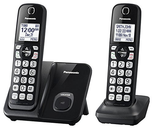 Panasonic KX-TGD512B DECT 6.0 2 Handset Cordless Telephone, Black - Caller ID; Call Block; Voicemail;(no clips included) Up to 6 Handsets