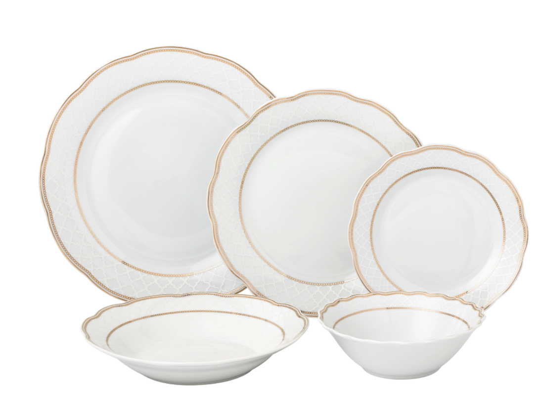 Lorren Home 20 Piece Porcelain Dinnerware Service for 4, Gold Wavy Line 4-10.5" dinner plates, 4-8.5" soup bowls, 4-9.5" salad plate, 4-7.5" bread butter dish, and 4-5.5"fruit/salad bowls.