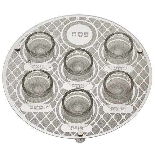 Art Judaica Glass Pesach Seder Plate with Silver Design (Gingham)