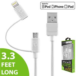 Cellet 3.3' 2 in 1 Micro USB + Lightning Charging/Data Sync Cable, White (Licensed by Apple, MFI Certified) - for Iphone & Ipod