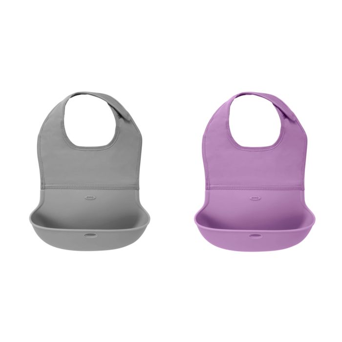 OXO Roll-Up Bib Set, Comfy-for-Baby Roll-Up Bibs, Fabric and Silicone, Machine Wash, Lavender and Grey