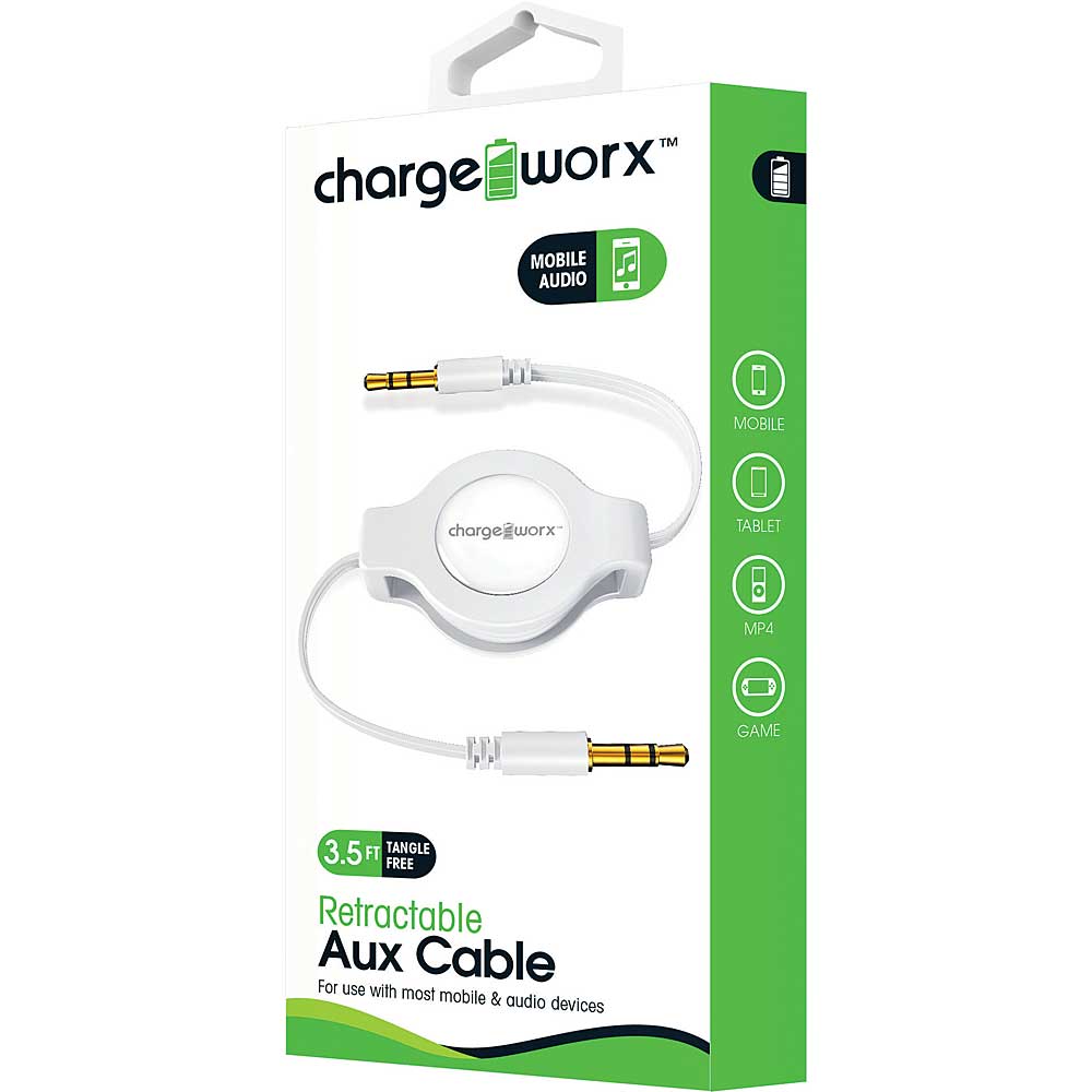 Chargeworx CX5512WH Aux Audio Retractable Cable, White
