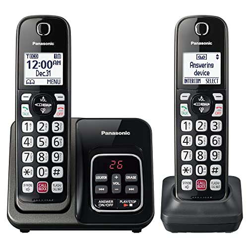 Panasonic Expandable Cordless Phone System with Answering Machine, 2 Handsets, Metallic Black