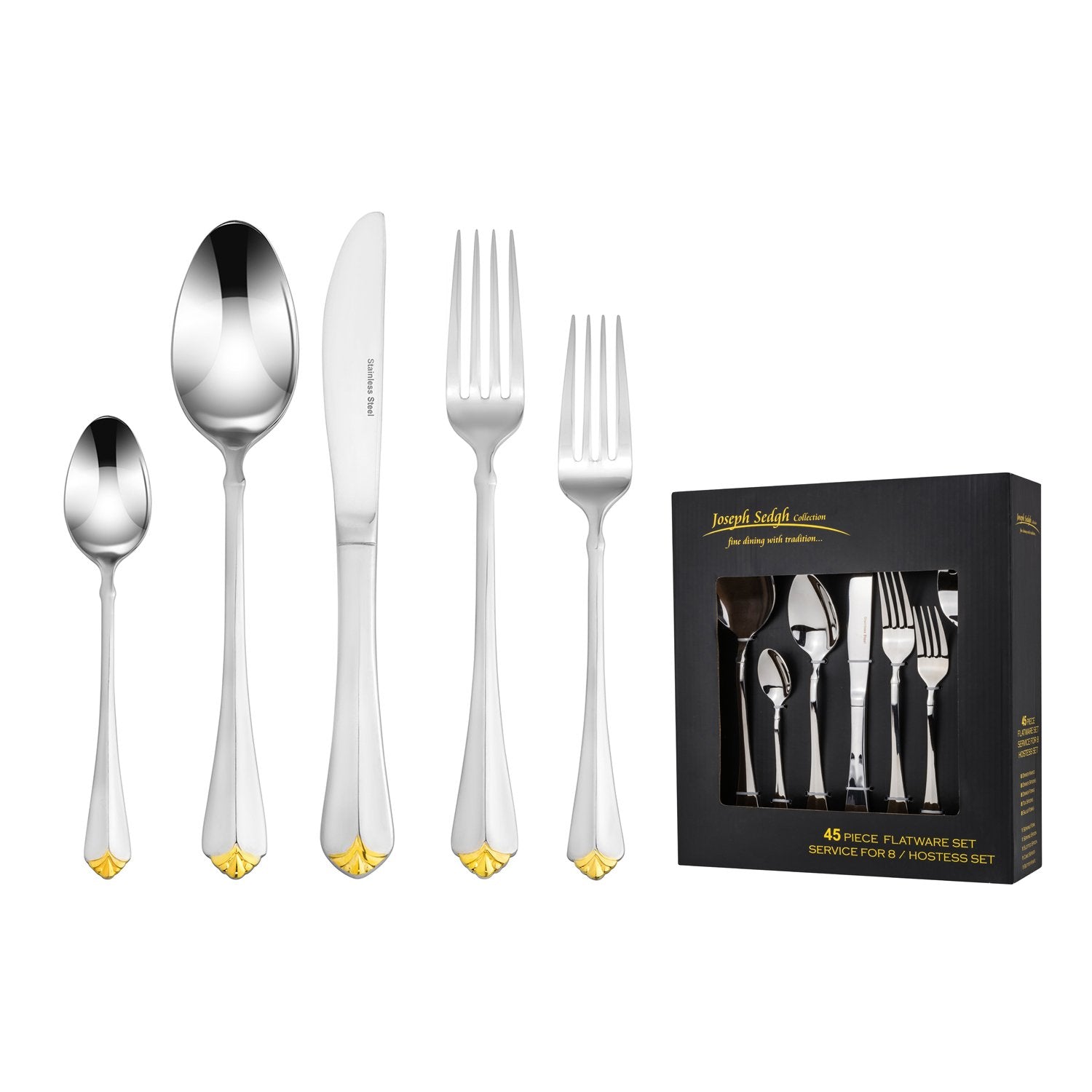 Joseph Sedgh 002G-45 18/10 Flatware, Service for 8, Includes Serving Spoon, Serving Fork, Slotted Spoon, Cake Server, Butter Knife, Silver with Gold