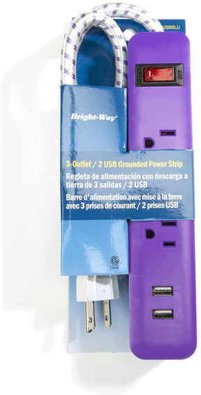 Bright-Way 3 Outlet, 2 USB Strip - Assorted Colors