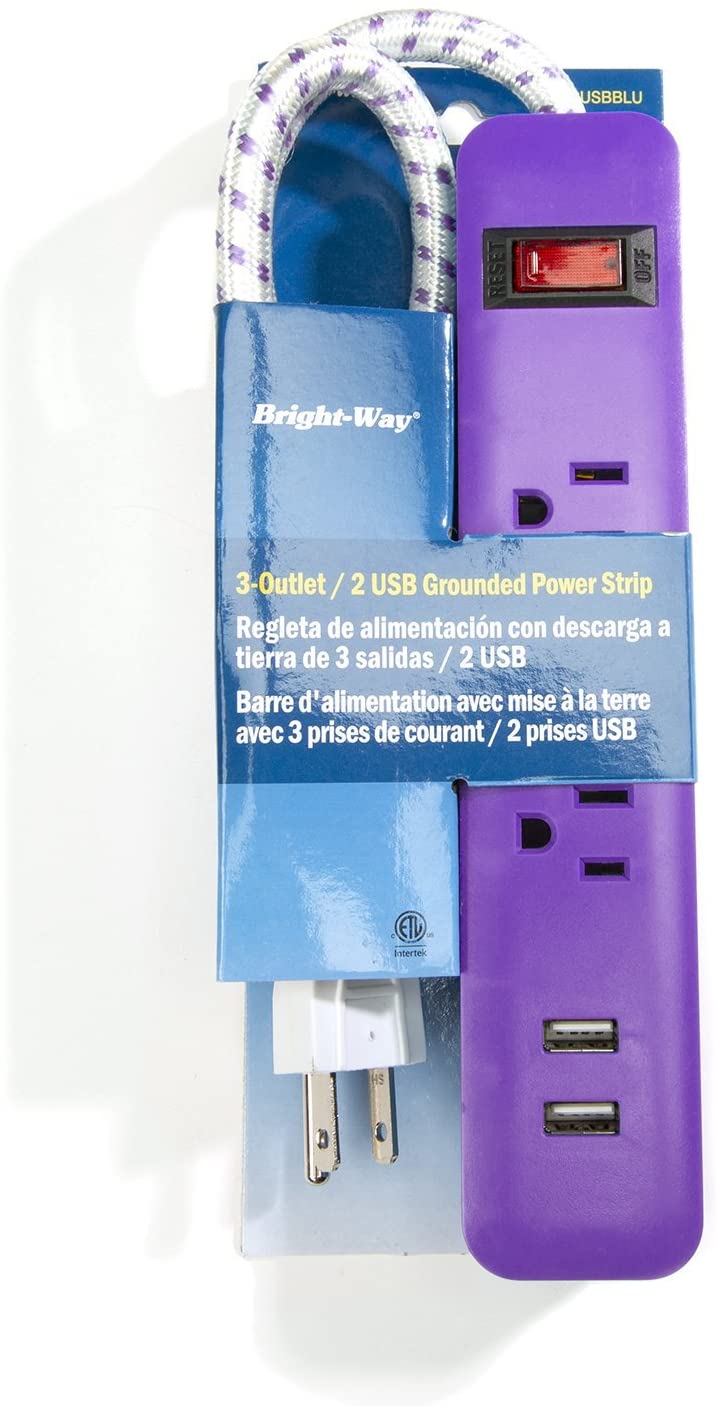 Bright-Way 3 Outlet, 2 USB Strip - Assorted Colors