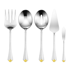 Joseph Sedgh 002G-45 18/10 Flatware, Service for 8, Includes Serving Spoon, Serving Fork, Slotted Spoon, Cake Server, Butter Knife, Silver with Gold