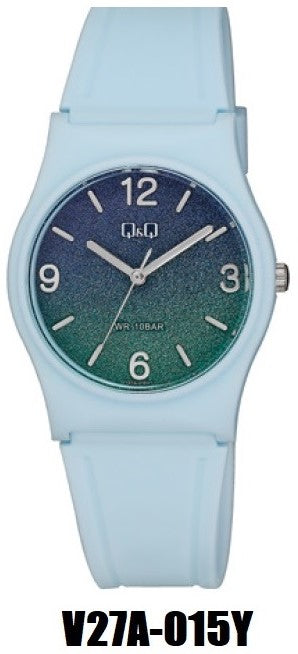 Q&Q Watch Blue Fade Face With White Numbers, Light Blue Resin Strap