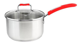 Millvado-Urban Stainless Steel Pot with Glass Cover, Red Silicone Handles, Various Sizes