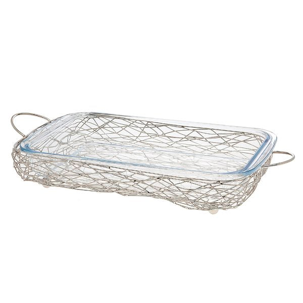 Oven To Table Baker With Sparkling Serving Stand (Rectangle, Silver Mesh Weave)
