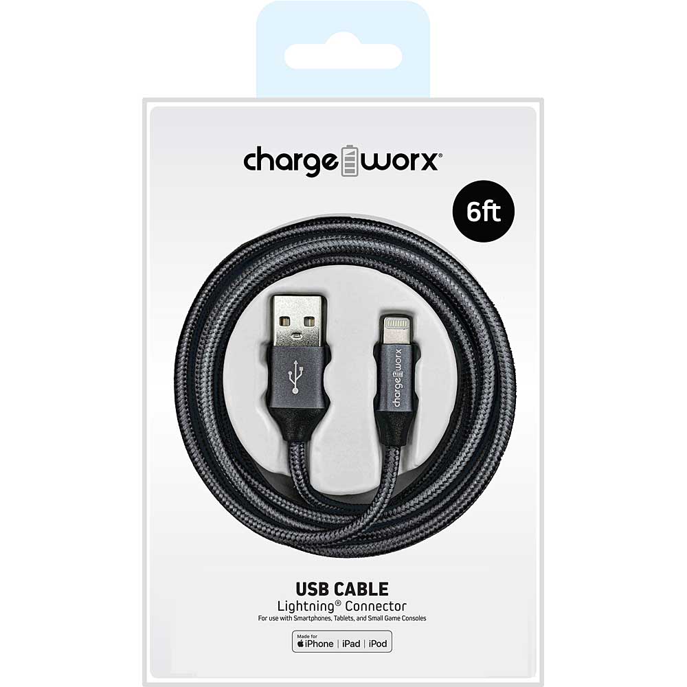 Chargeworx Braided 6 Ft Lightning Cable, For Apple iPhone, Black