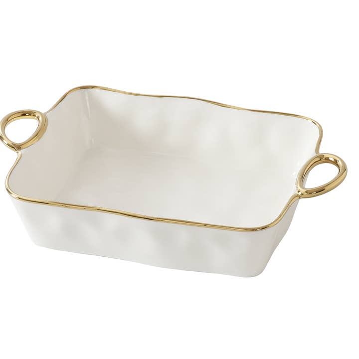 Pampa Bay Golden Handles Rectangular Baking Dish, Dishwasher Safe,  White With Gold Trim