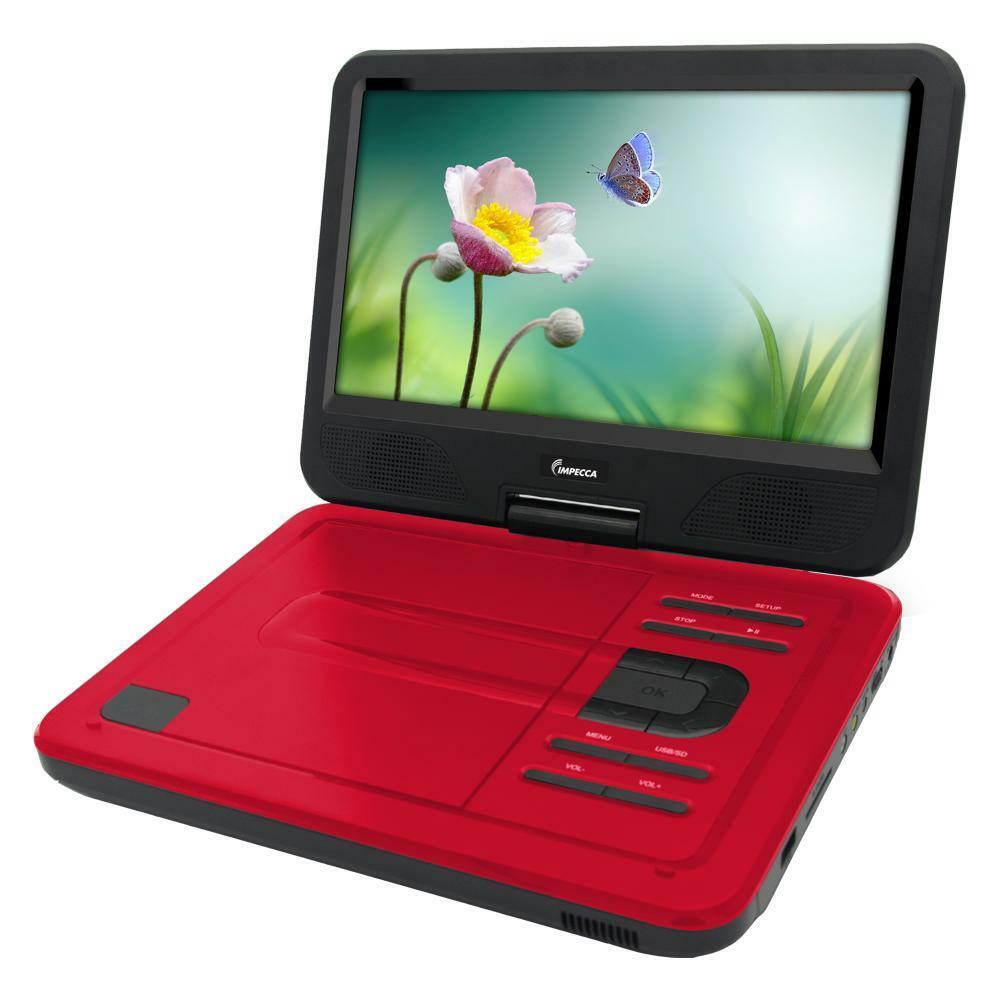 Impecca DVP1017R 10.1 Inch Portable DVD Player, 6 Hour Rechargeable Battery, Swivel Screen,Supports USB & S, Red