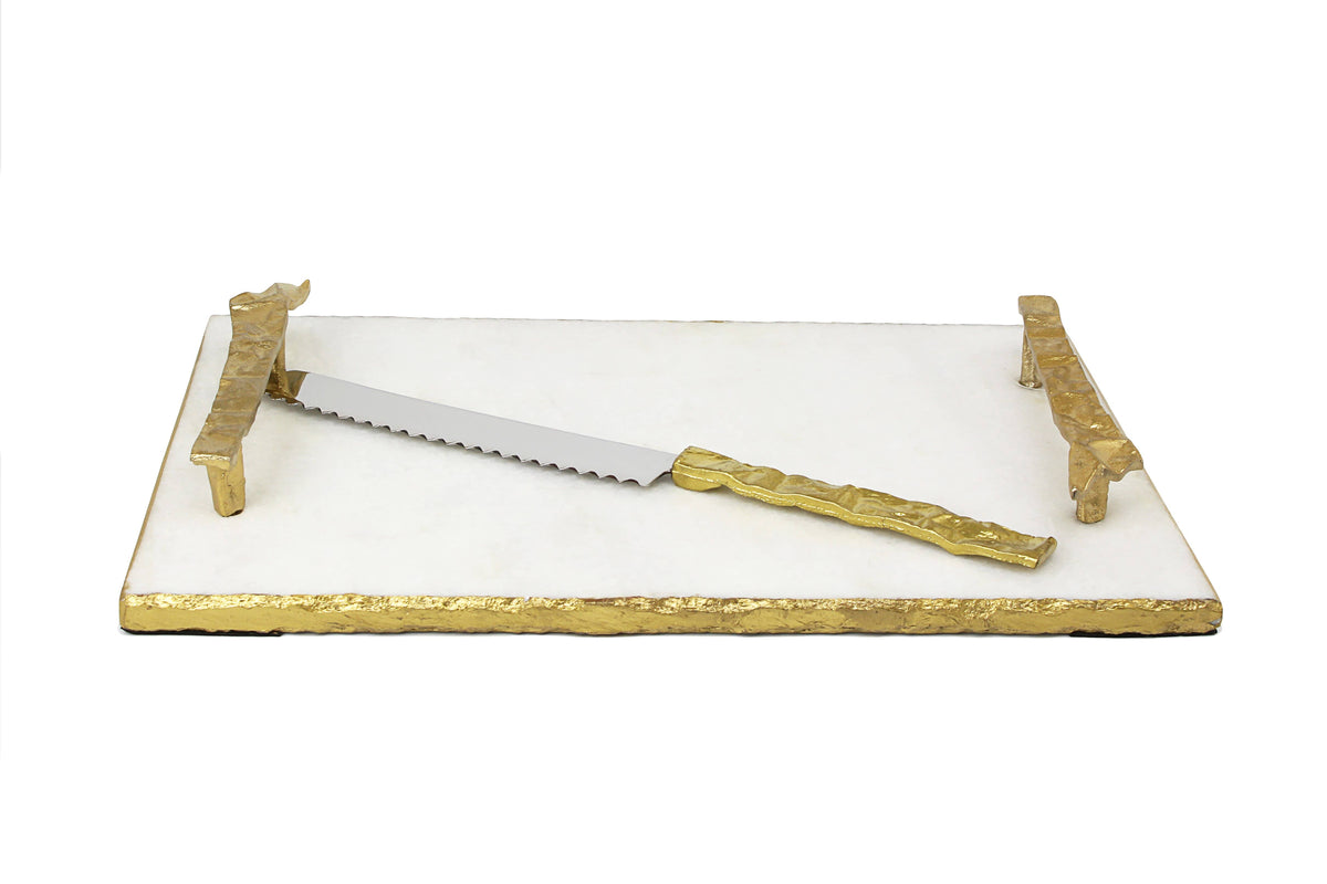 Classic Touch White Marble Challah Tray - Gold Handles
