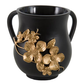 Art Judaica Polyresin Washing Cup, Black With Raised Gold Flowers