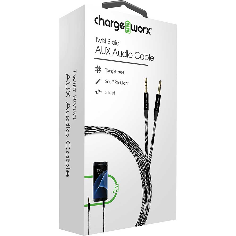 Chargeworx Braided AUX Cable, 3 Ft, Black